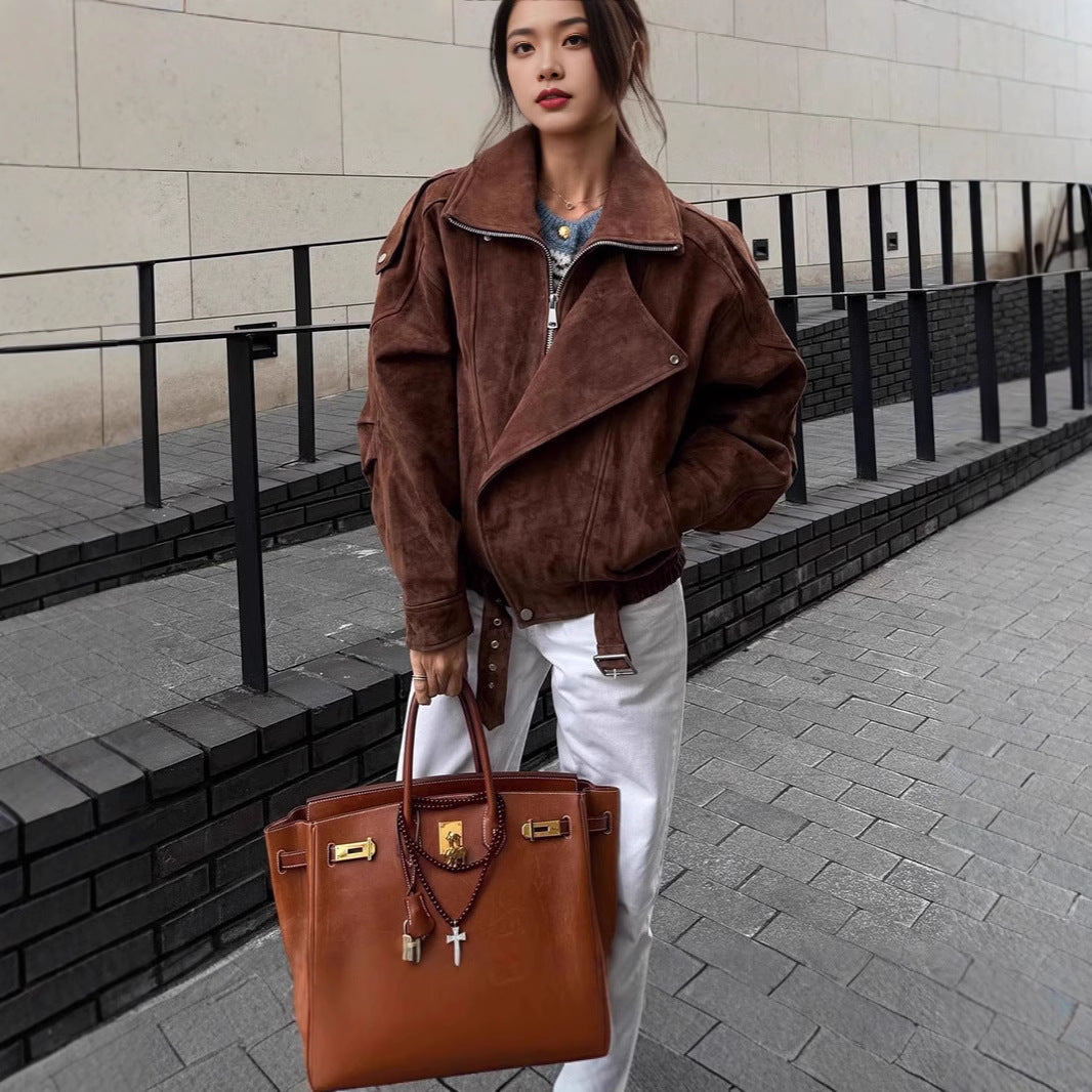 Damen modische Oversized-Lederjacke mit Gürtel Drune