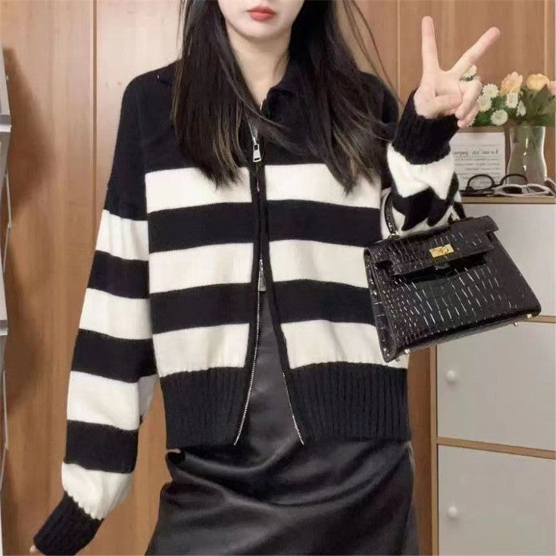 Damen lässige Cardiganjacke mit Reißverschluss und breiten Streifen Drune