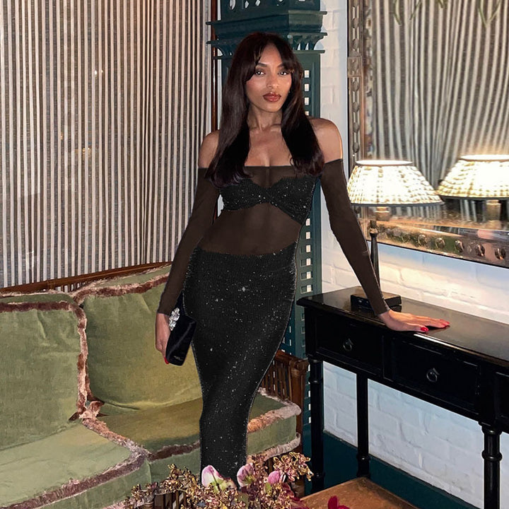 Damen schickes Abendkleid mit transparenten Ärmeln und Pailletten Drune