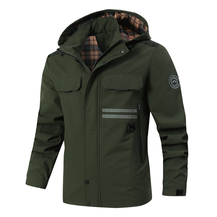 Herren Wasserdichte Fieldjacke mit Kapuze, reflektierenden Streifen und kariertem Innenfutter Drune