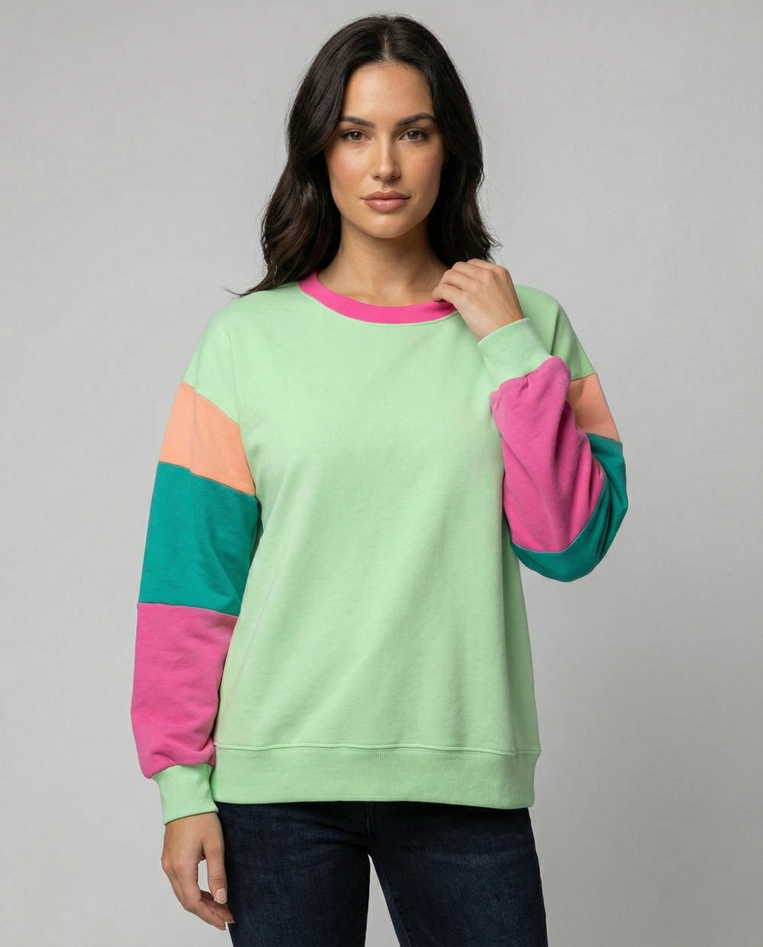 Damen lässiger Sweatshirt mit kontrastierenden Ärmeln Drune