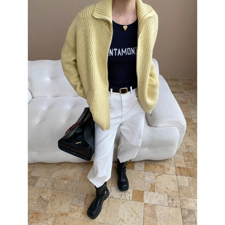 Damen kurzer Strickjacke mit großem Kragen und lockerer Passform Drune