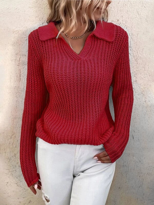 Damen V-Ausschnitt Strickpullover mit Kragen Drune