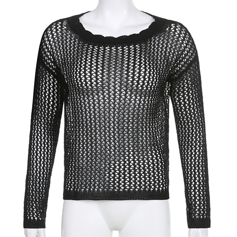 Damen luftiger Strickpullover mit feinem Netzmuster Drune