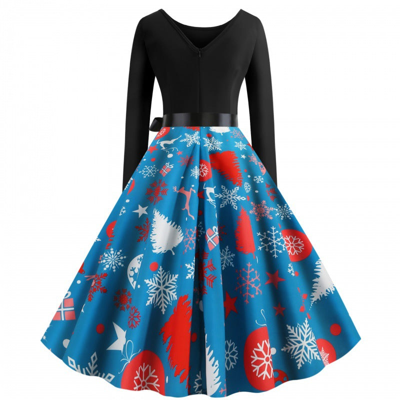 Damen Vintage‑inspirertes Swingkleid mit tailliertem Oberteil, langen Ärmeln und festlichem Tellerrock Drune