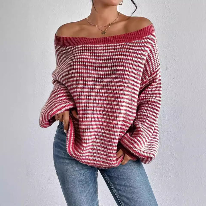 Damen oversized Strickpullover mit V-Ausschnitt und dekorativem Muster Drune