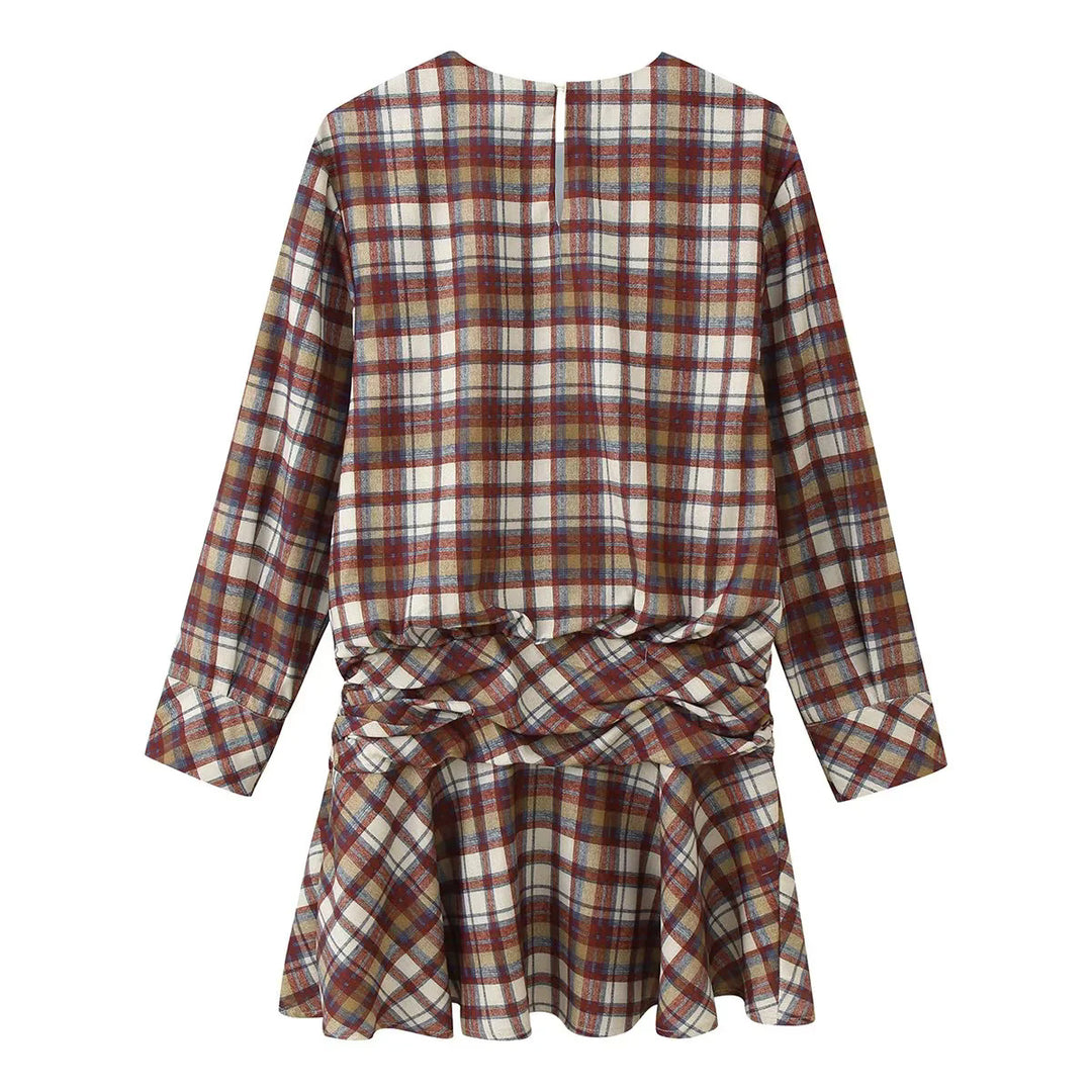 Damen nan kariertes Langarm-Minikleid mit Twisted-Taillenpasse und ausgestelltem Rock Drune