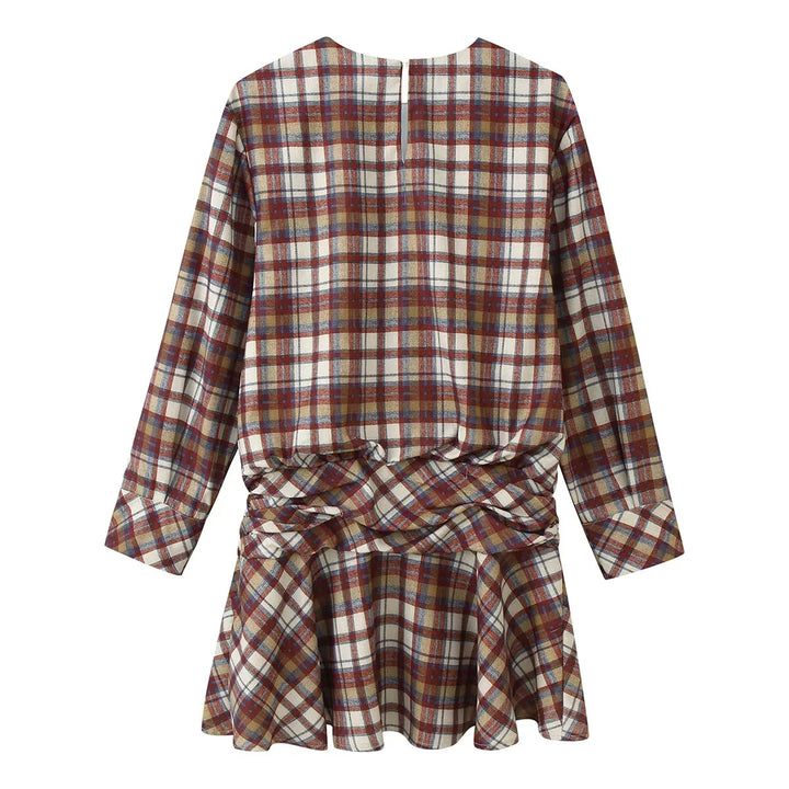 Damen nan kariertes Langarm-Minikleid mit Twisted-Taillenpasse und ausgestelltem Rock Drune