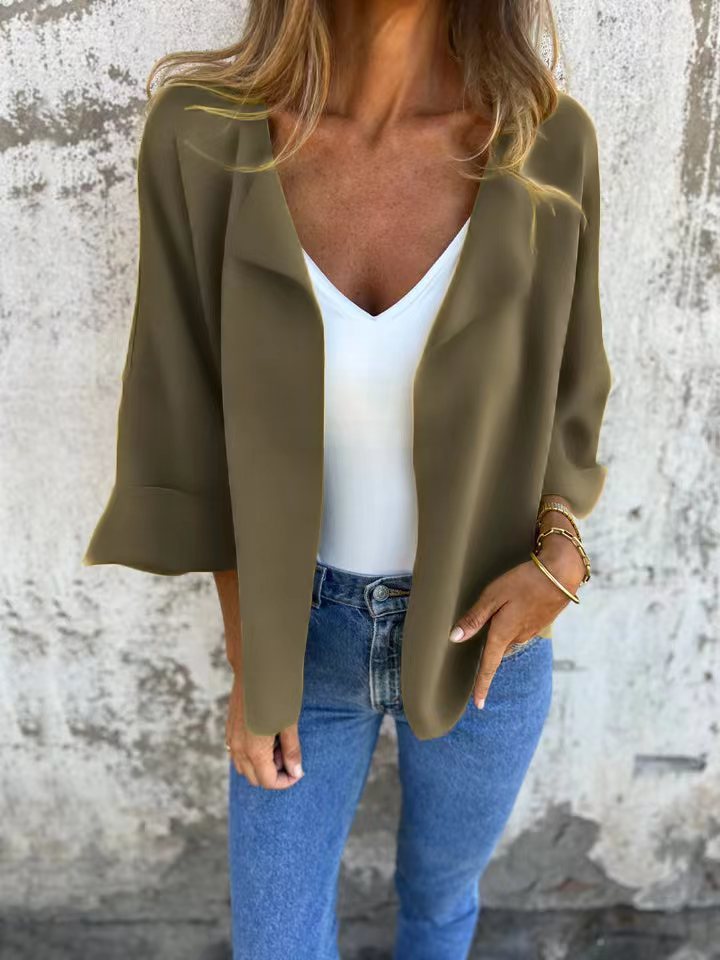 Damen nan legerer offener Strickcardigan mit Schalkragen krempelbaren Ärmeln und kastiger Silhouette Drune
