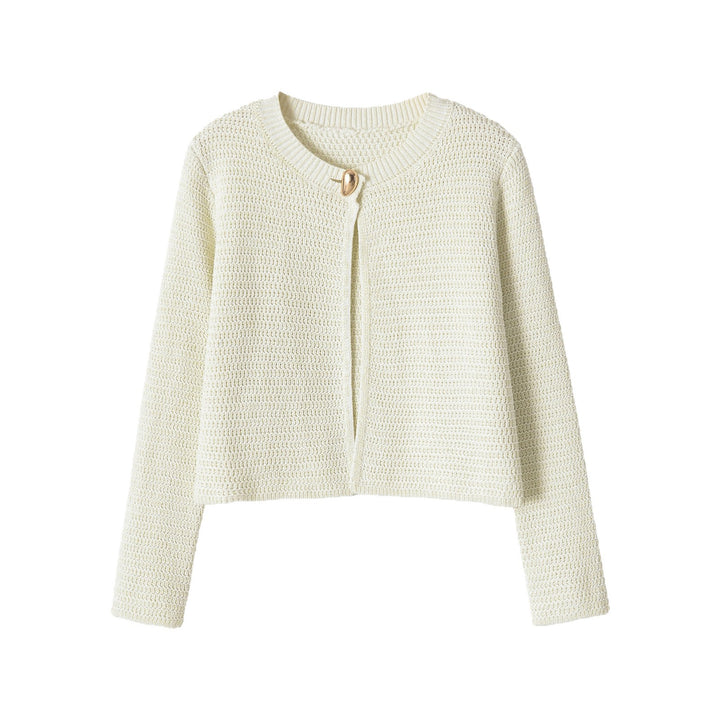 Damen Kurze gehäkelte Boxy-Strickjacke mit dekorativem Schmuckverschluss Drune