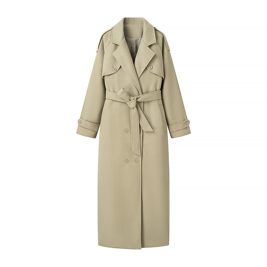 Damen nan maxi Trenchcoat mit doppelreihiger Knopfleiste, Bindegürtel und Epauletten Drune