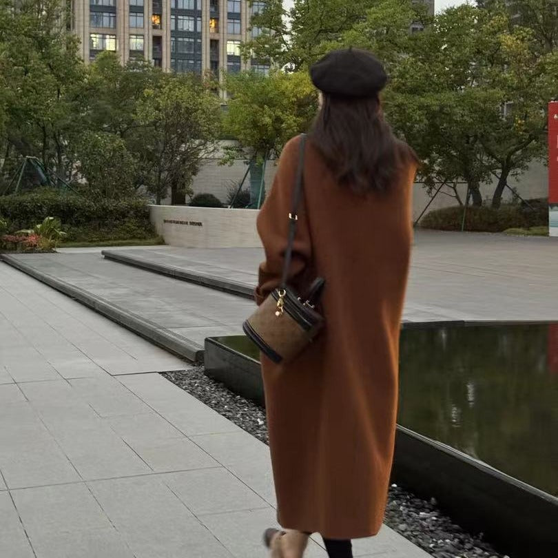 Damen Oversize Wollmix Mantel knielang mit verdeckter Knopfleiste und lässiger Schulterlinie Drune