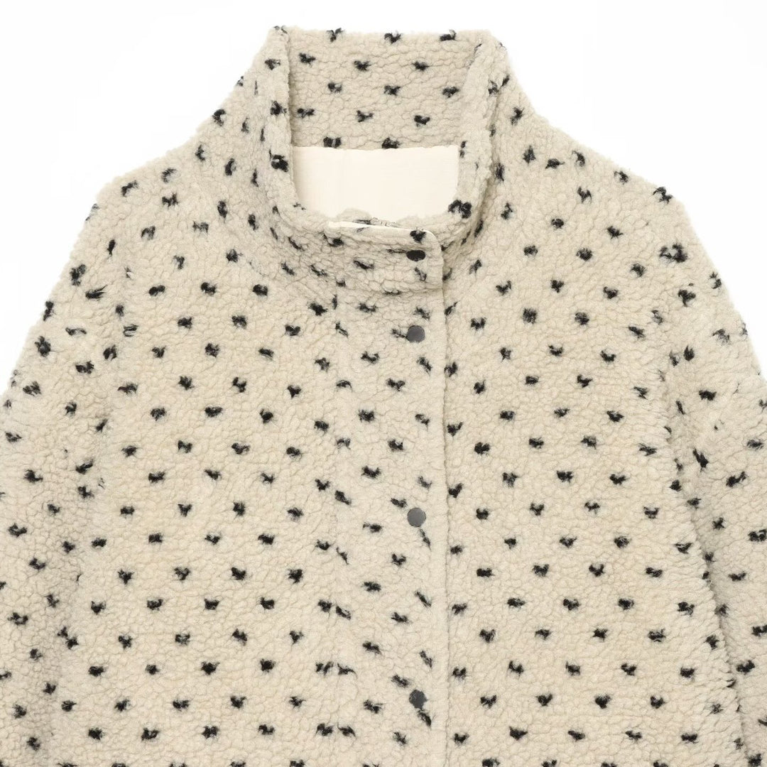 Damen Kurze Teddyjacke mit Stehkragen und Punktmuster Drune