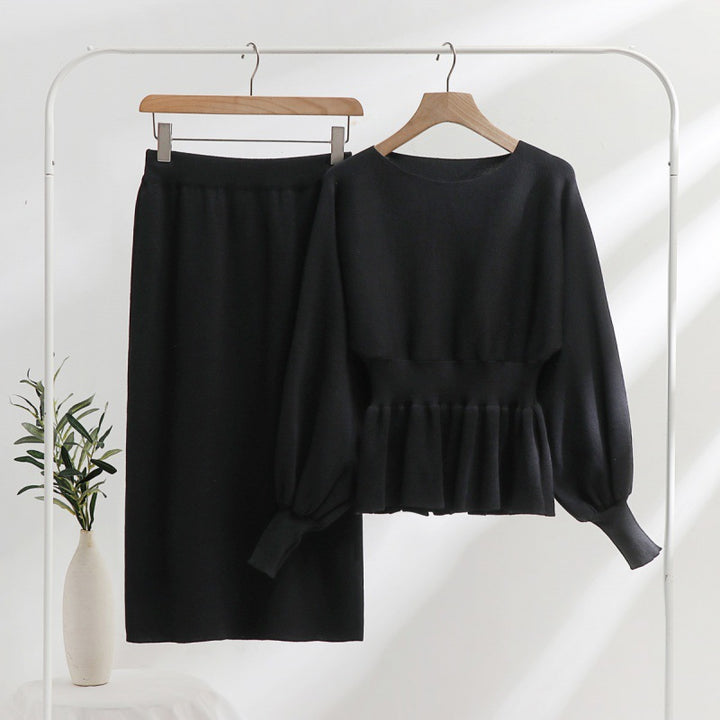 Damen elegantes Strickensemble mit Raffung und Ballonärmeln Drune