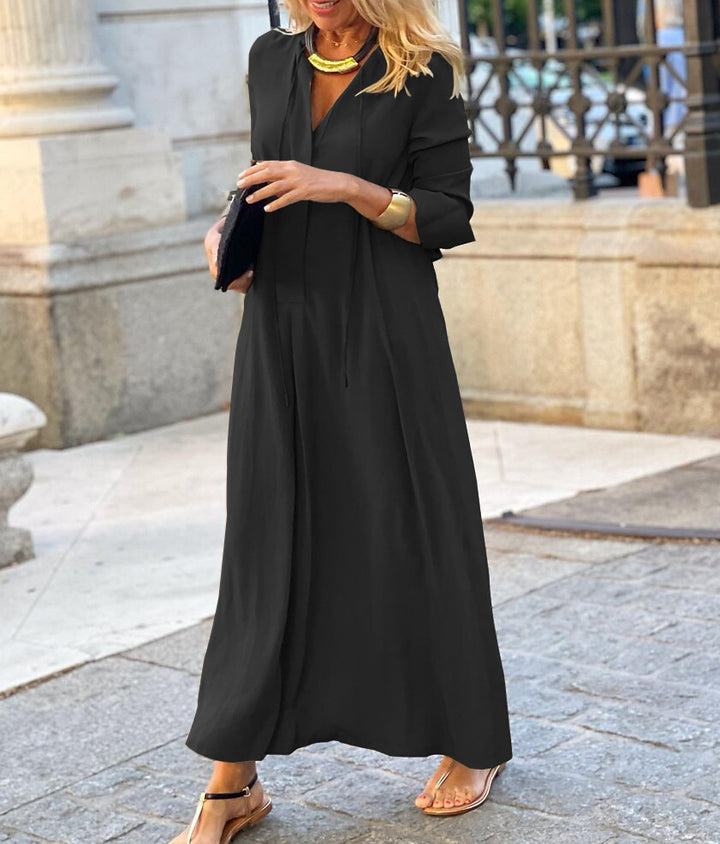 Damen Maxikleid mit V-Ausschnitt, Langärmelig, lockere A-Linien‑Silhouette und Kordelzug Drune