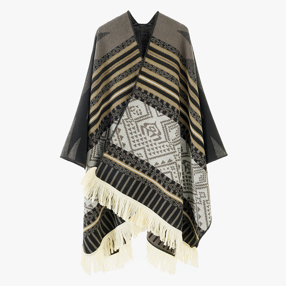 Damen Ethno-Jacquard Cape aus Wollmix mit asymmetrischem Saum, V-Ausschnitt und Fransen Drune