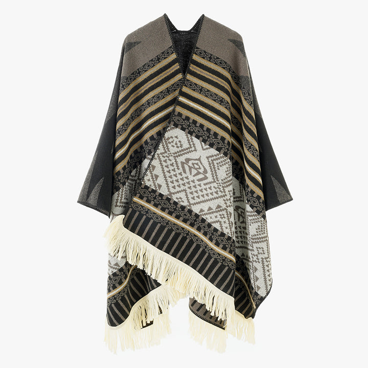 Damen Ethno-Jacquard Cape aus Wollmix mit asymmetrischem Saum, V-Ausschnitt und Fransen Drune