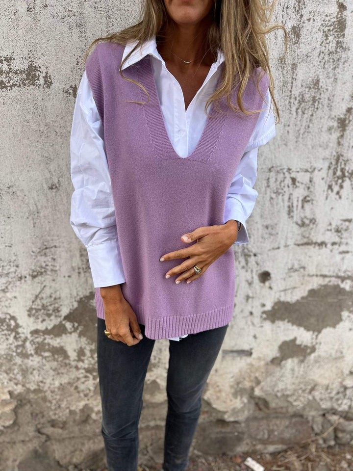 Damen eleganter Strickpullunder mit V-Ausschnitt und feinen Rippdetails Drune
