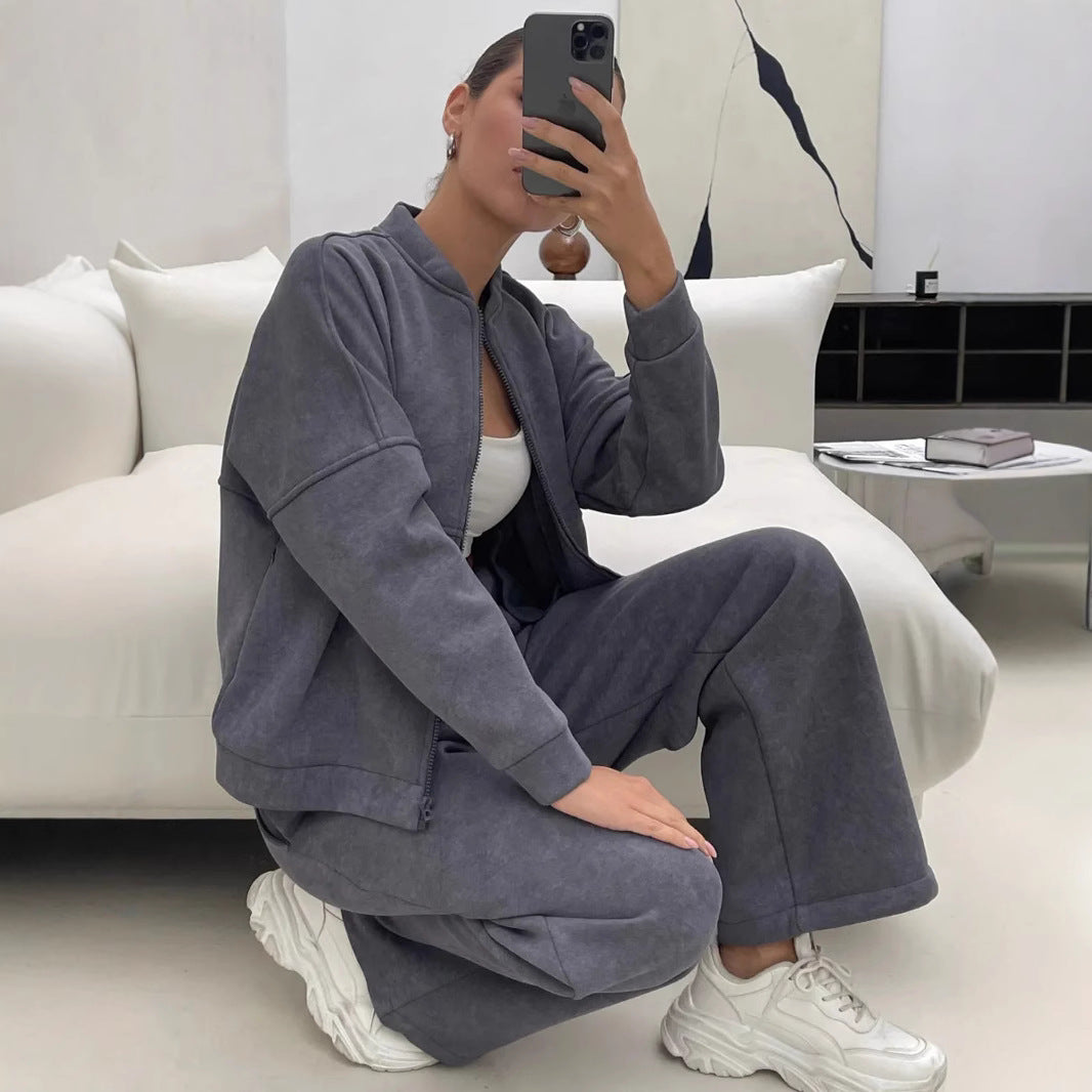 Damen lässiges Zip-Lounge-Set mit Stehkragen und weitem Highwaist-Joggpant Drune