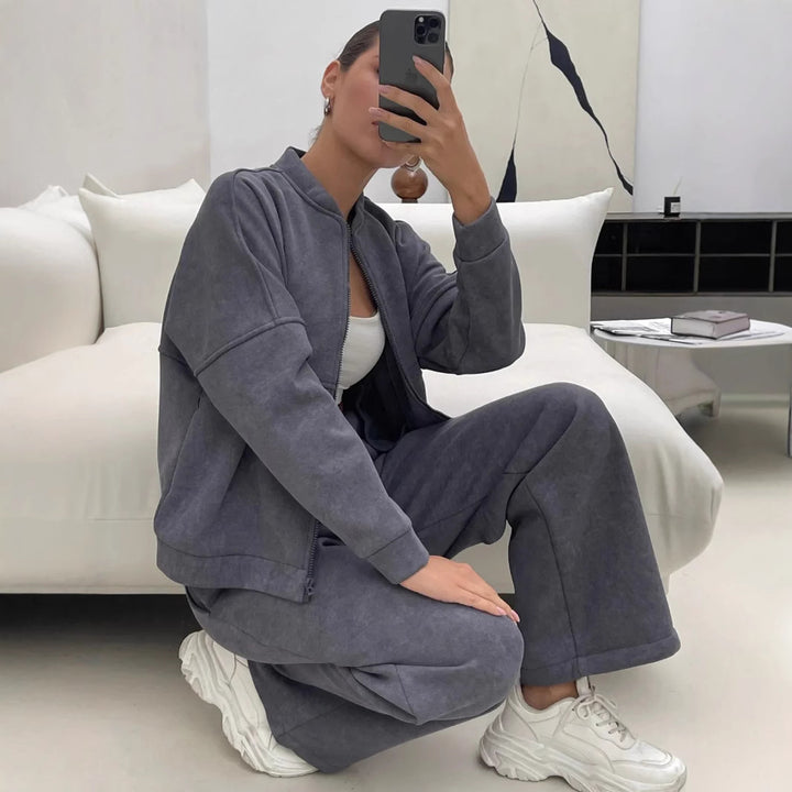 Damen lässiges Zip-Lounge-Set mit Stehkragen und weitem Highwaist-Joggpant Drune