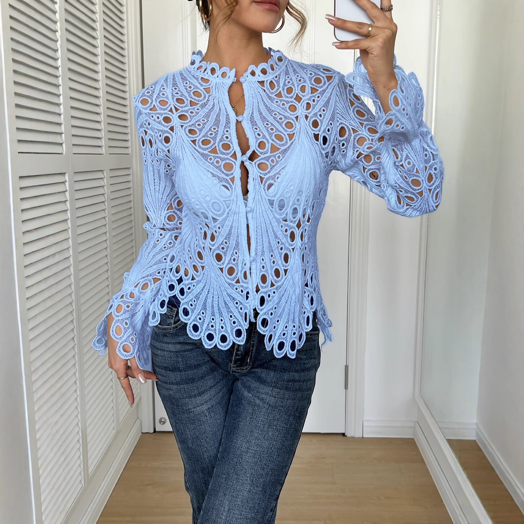 Damen nan filigrane Häkelspitzen-Bluse mit Stehkragen, Zierknopfleiste und gewelltem Saum Drune