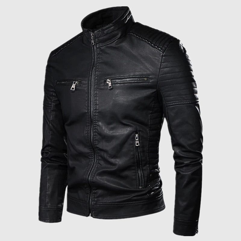 Herren Slim-Fit Biker-Lederjacke mit Stehkragen und gesteppter Schulterpartie Drune