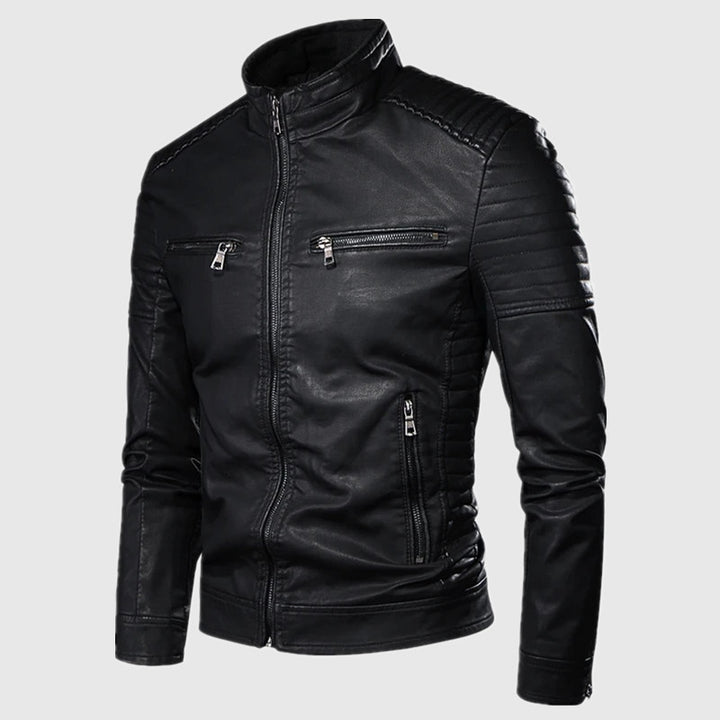 Herren Slim-Fit Biker-Lederjacke mit Stehkragen und gesteppter Schulterpartie Drune