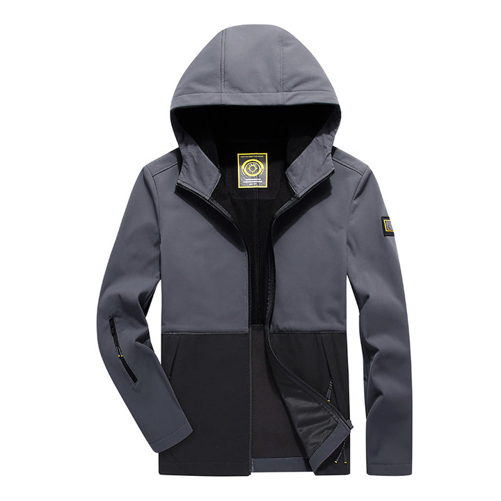 Herren leichte Softshell‑Outdoorjacke mit Kapuze, windabweisender Front und funktionalen Taschen Drune