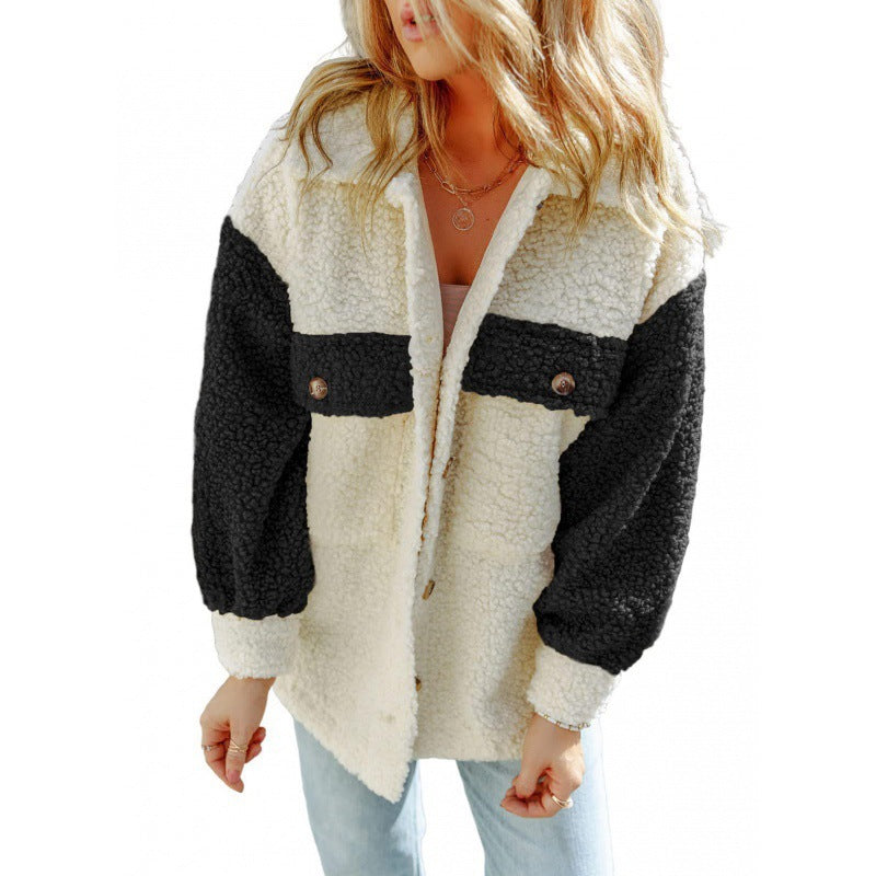 Drune | Damen Teddy Jacke mit Kontrastärmel