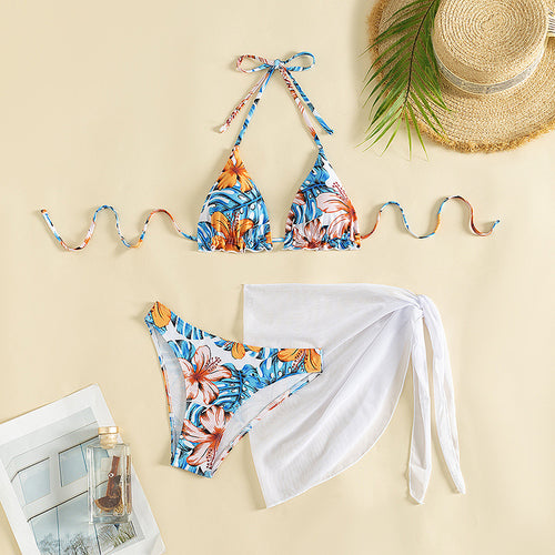 Damen Triangel-Bikini-Set mit floralem Muster und lässigem Tuch Drune