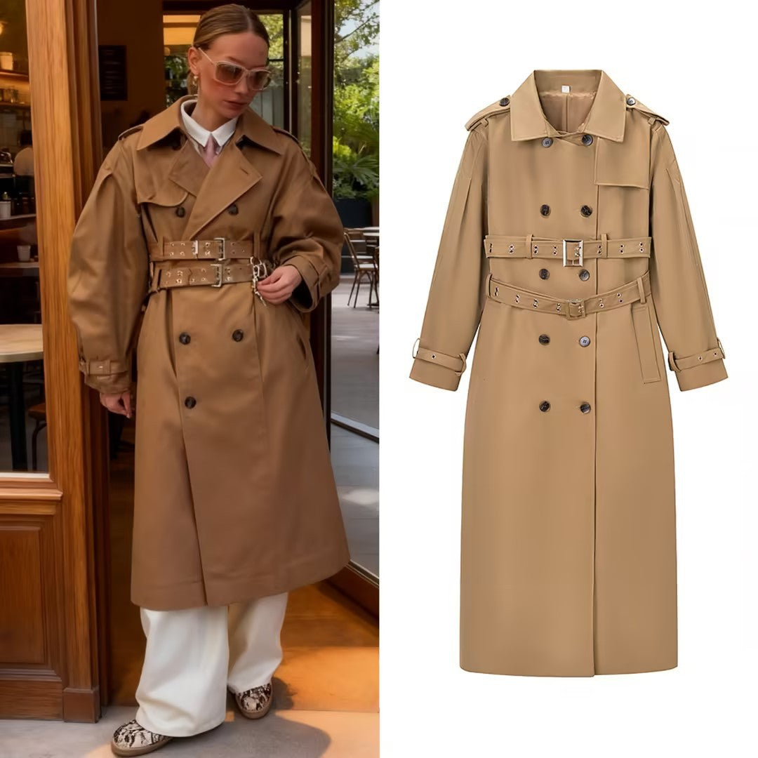 Damen Langer taillierter Trenchcoat mit doppeltem Taillengürtel und Epauletten Drune