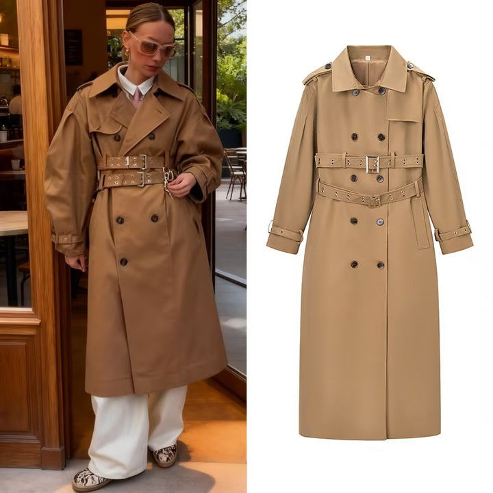 Damen Langer taillierter Trenchcoat mit doppeltem Taillengürtel und Epauletten Drune