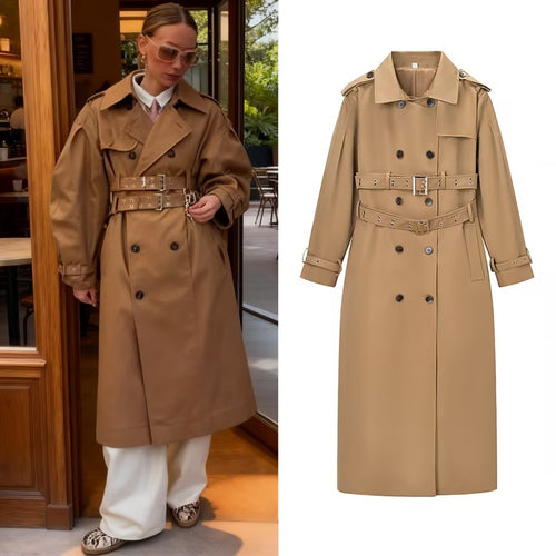 Damen Langer taillierter Trenchcoat mit doppeltem Taillengürtel und Epauletten Drune