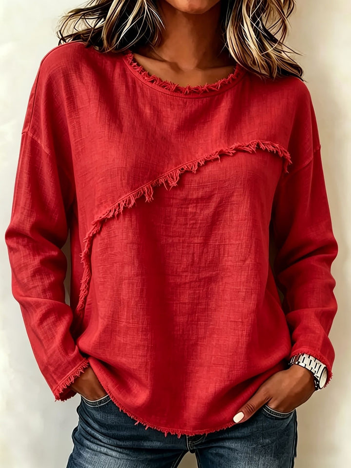 Damen Legeres Longsleeve mit diagonaler Fransenapplikation und ausgefranstem Rundhals Drune