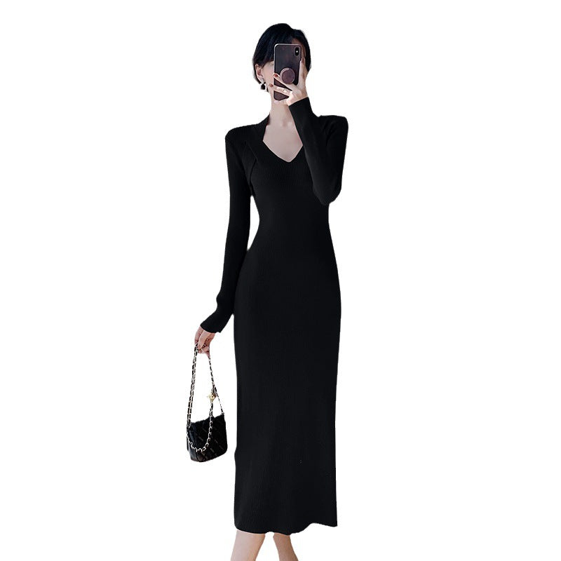 Damen Strickkleid mit V-Ausschnitt und seitlichen Schlitzen Drune