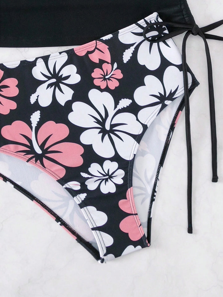 Drune | Süßes Blumenmuster V-Ausschnitt Bauchweg Tankini Set