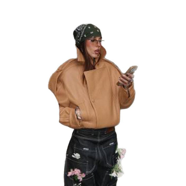 Damen Cropped Oversize-Jacke aus strukturiertem Kunstleder mit hohem Stehkragen Drune