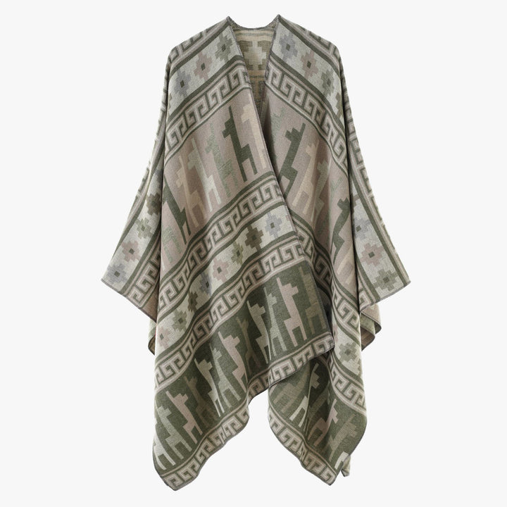 Damen Cape-Überwurf aus Jacquard-Strick mit Tier- und Ethno-Motiv Drune