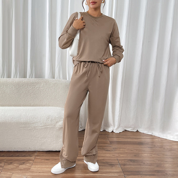 Damen Lässiges Sweat-Set mit Oversize-Rundhals und High-Waist-Hose mit Knopfmanschette Drune