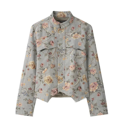 Damen Kurze Jacquard‑Blousonjacke mit Stehkragen, floraler Jacquard‑Stickerei und Pattentaschen Drune