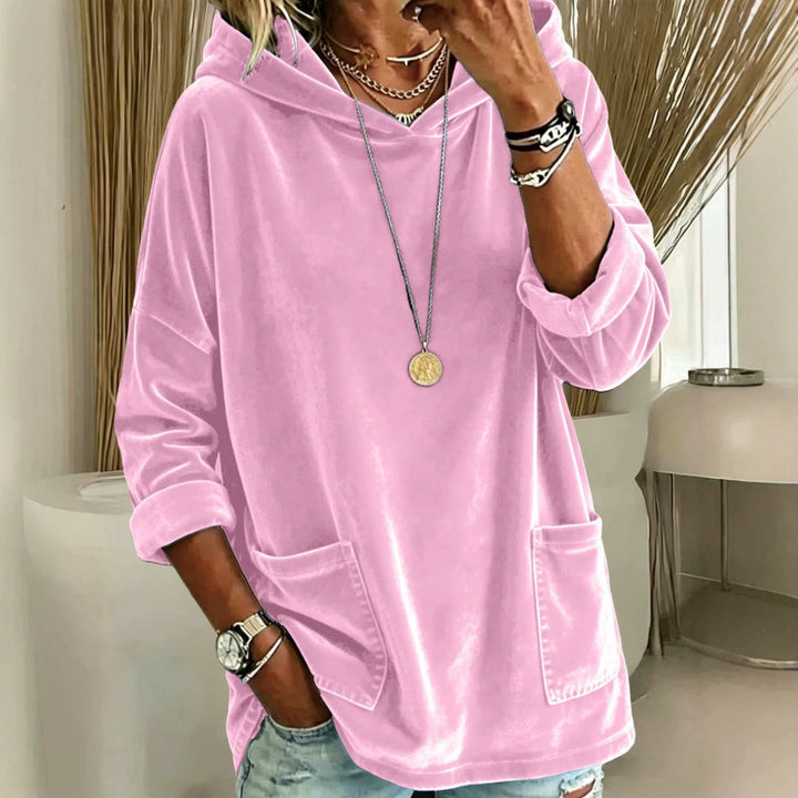 Damen Samt-Hoodie mit Kapuze, Oversize-Schnitt und aufgesetzten Taschen Drune