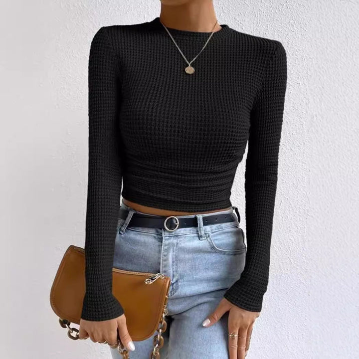 Drune | Langarm T Shirt Slim Passform Weicher Strukturstrick Rüschentasche Kurzes Modell