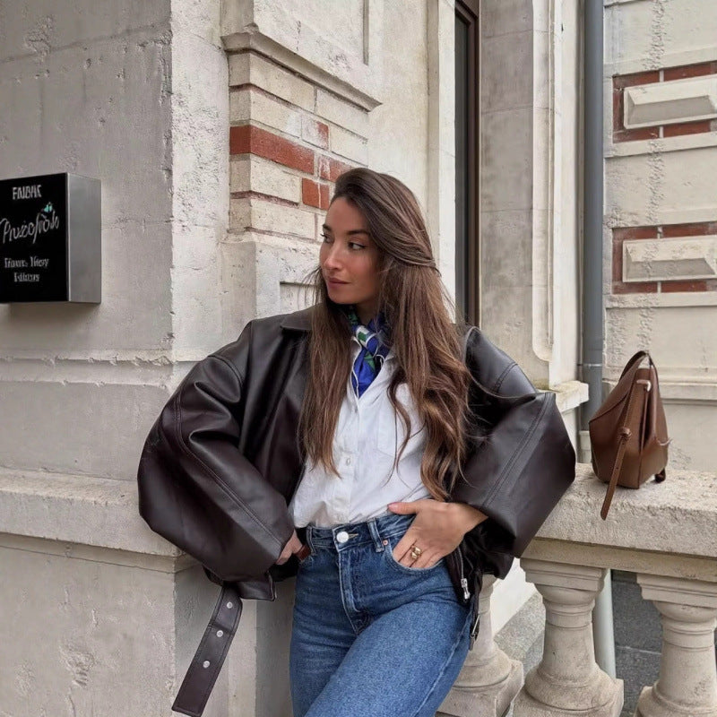Unisex Oversize Kunstlederjacke mit Reißverschluss Hemdkragen und Taillengürtel Drune