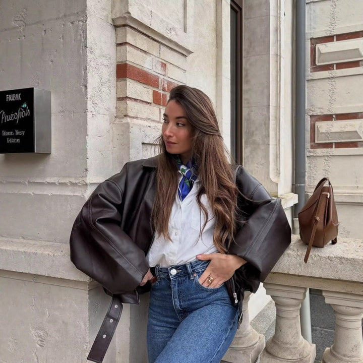 Unisex Oversize Kunstlederjacke mit Reißverschluss Hemdkragen und Taillengürtel Drune