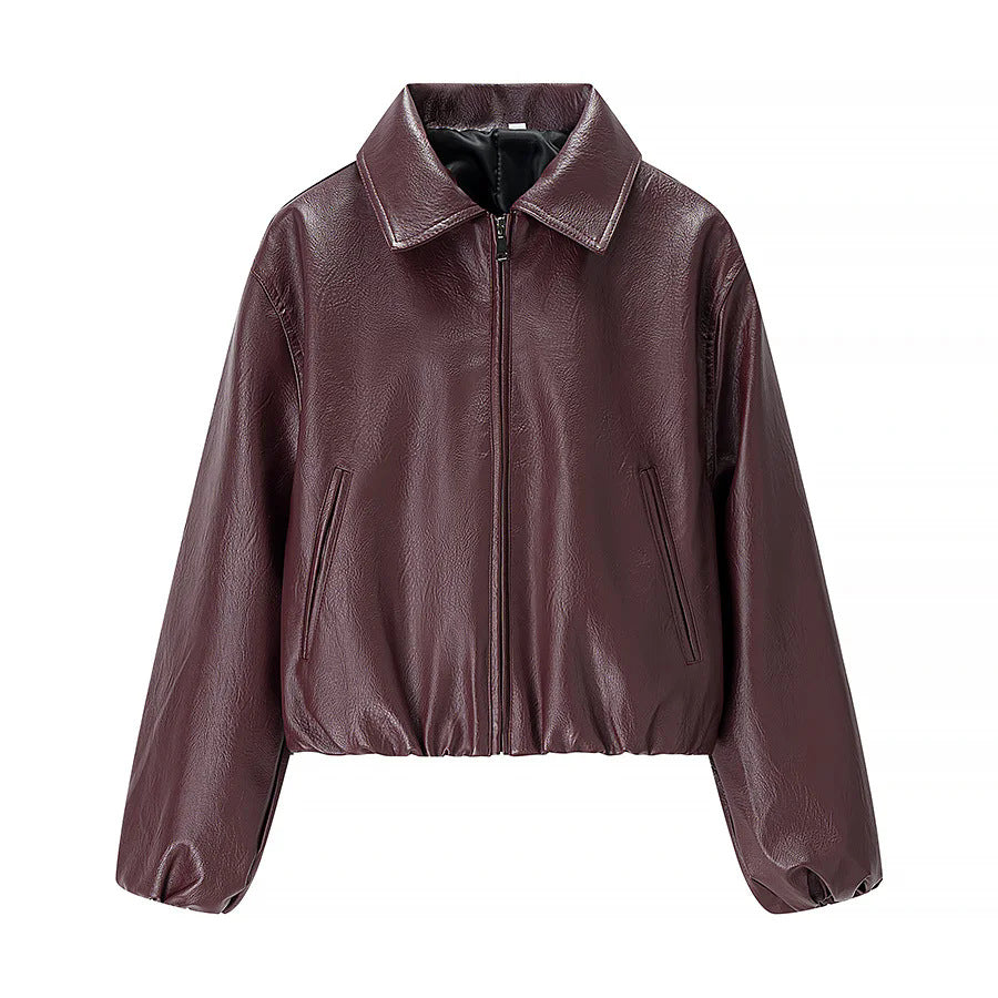 Damen nan cropped Glanz-Kunstlederjacke im Bomberstil mit Hemdkragen und elastischem Saum Drune