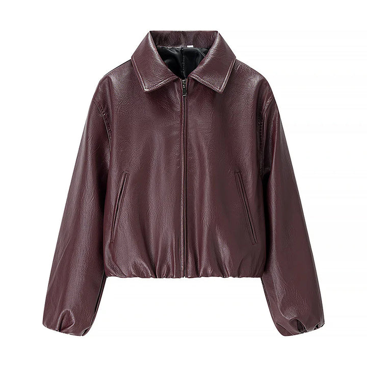 Damen nan cropped Glanz-Kunstlederjacke im Bomberstil mit Hemdkragen und elastischem Saum Drune