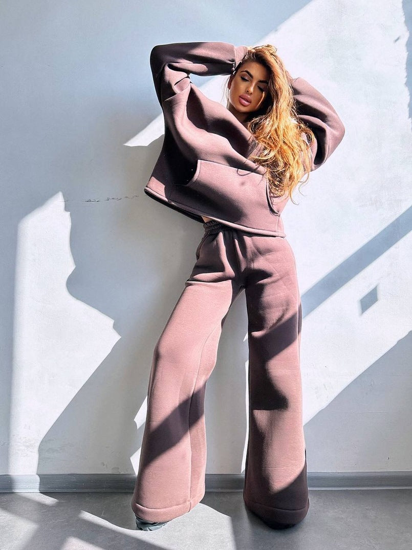 Damen Scuba-Fleece Lounge-Set mit Oversize-Kapuzenpullover und weiter Flare-Hose Drune