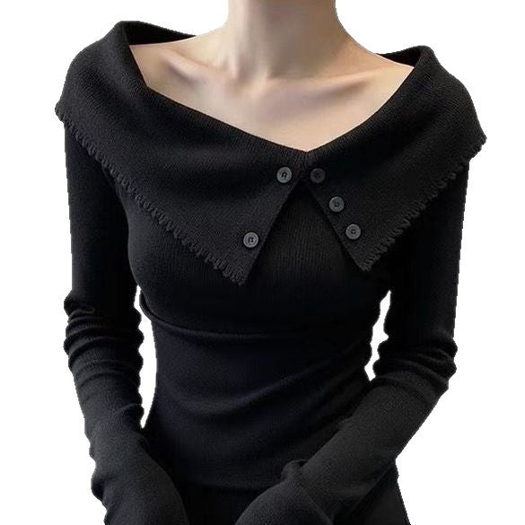 Damen Eleganter Pullover mit weitem Kragen und Knopfdetails Drune