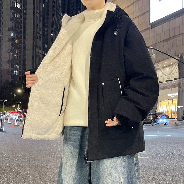 Herren Oversize Kapuzenjacke mit Teddyfutter, Zwei-Wege-Reißverschluss und Utility-Taschen Drune