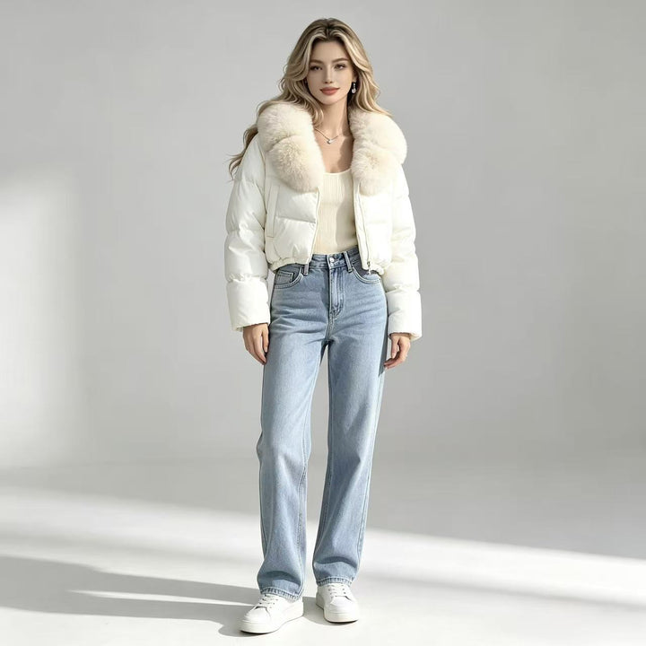 Damen nan kurze gesteppte Cropped-Pufferjacke mit voluminösem Kunstpelzkragen Drune